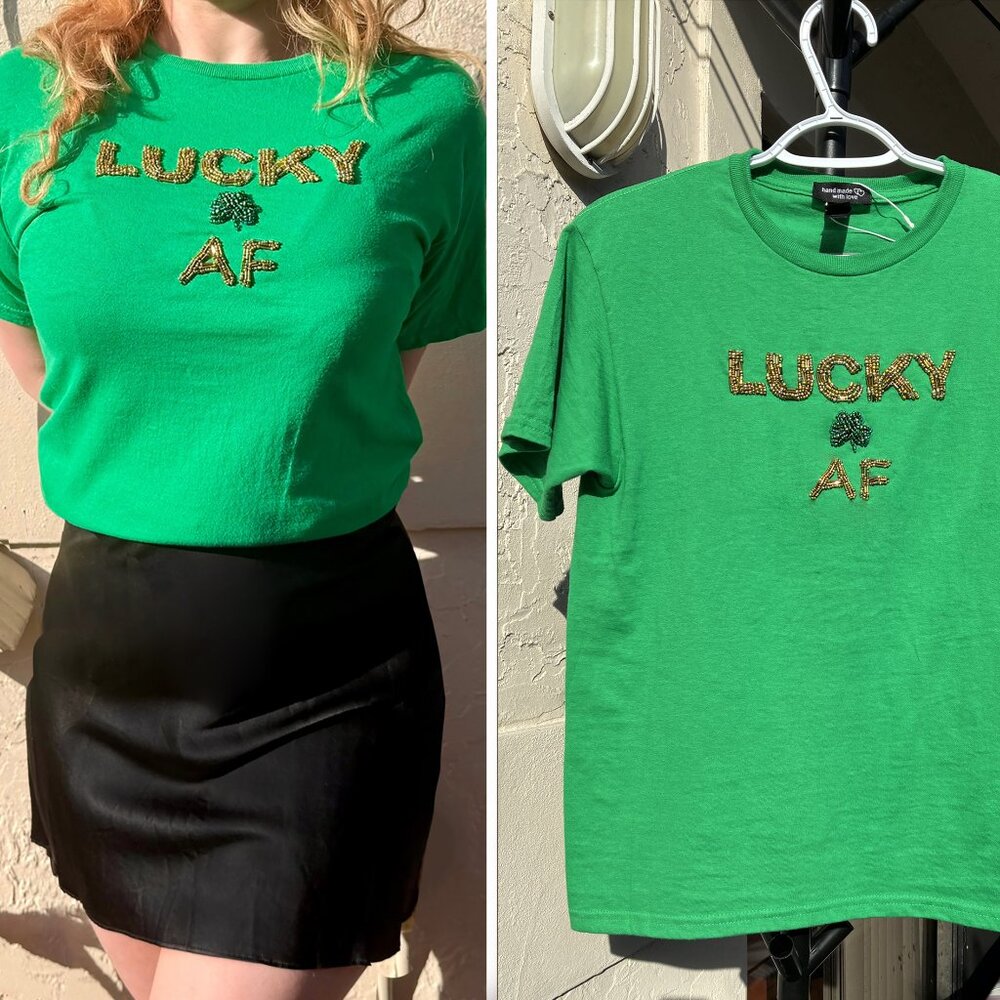 Handmade Hand Bead Embroidered St Patrick's Day T-Shirt Green Gold Beaded S/M/L